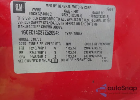 2007 Chevrolet Silverado 1500 Lt1 z USA, uszkodzony, nr VIN 1GCEC14C37Z520948